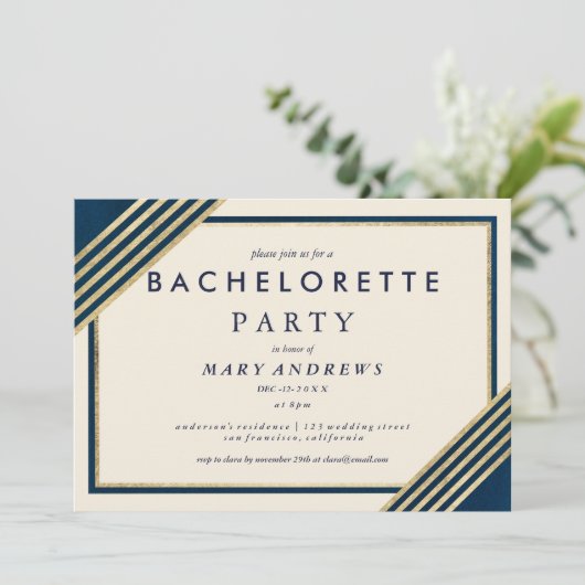 Chique ivoor navy blauw faux goud Bachelorette Par Kaart (Staand voorkant)