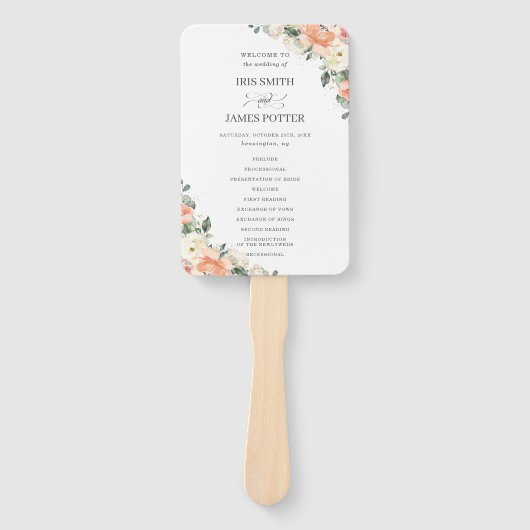 Chique Ivoor Perzik Roze Bloemen Bruiloft Programm Handwaaier (Voorkant)