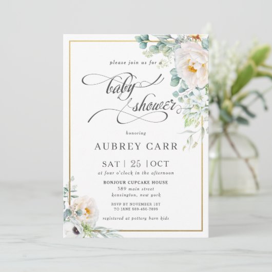 Chique Ivoor Pioen Roos Bloemen Groen Baby shower Kaart (Staand voorkant)