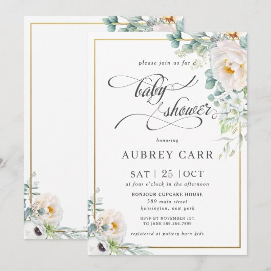 Chique Ivoor Pioen Roos Bloemen Groen Baby shower Kaart (Voorkant / Achterkant)