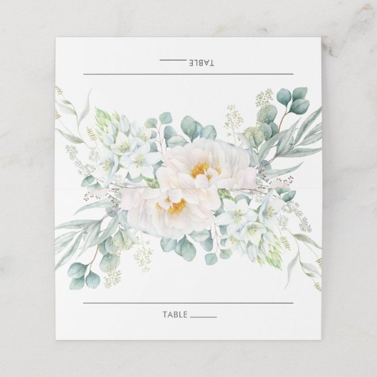 Chique Ivoor Pioen Wit Bloemen Eucalyptus Bruiloft Plaatskaartje (Buitenkant ongevouwen)