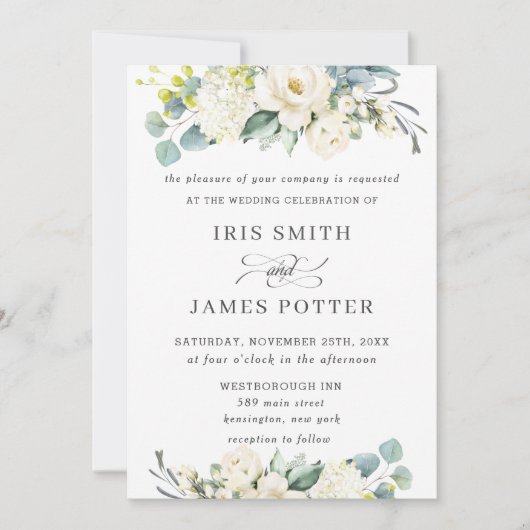Chique Ivoor Wit Bloemen Groen Bruiloft Kaart (Voorkant)