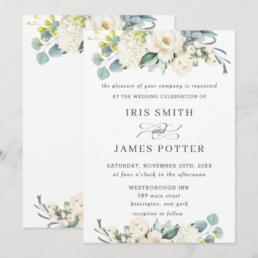 Chique Ivoor Wit Bloemen Groen Bruiloft Kaart (Voorkant / Achterkant)