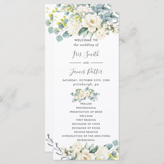 Chique Ivoor Wit Bloemen Groen Bruiloft Programma Programmakaart (Voorkant / Achterkant)