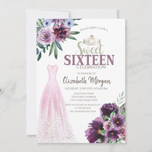 Chique jurk, paarse bloemen Sweet 16 Kaart (Voorkant)