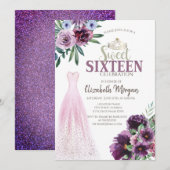 Chique jurk, paarse bloemen Sweet 16 Kaart (Voorkant / Achterkant)