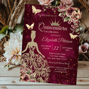 Chique jurk, vlinder bloem rode Quinceañera Kaart