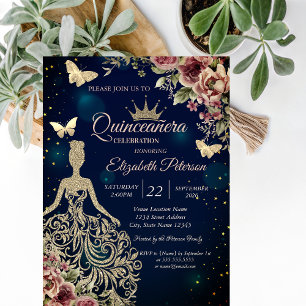 Chique jurk, Vlinder Bloemsterren Blauw Quinceañer Kaart