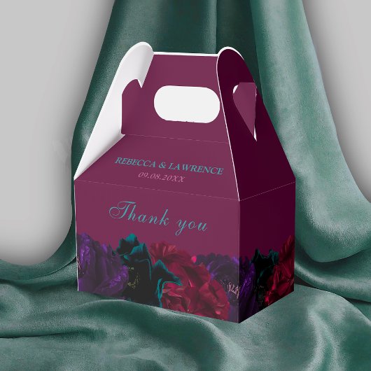 Chique juweeltinten bloemen Bourgogne bruiloft Bedankdoosjes