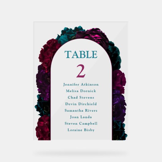 Chique juweeltinten bloemen bruiloft nummers zitpl acryl bord (Voorkant)