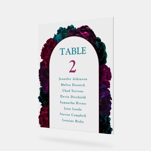 Chique juweeltinten bloemen bruiloft nummers zitpl acryl bord (Hoek)