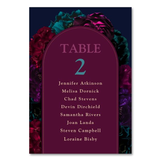 Chique juweeltinten bloemen bruiloft nummers zitpl kaart (Achterkant)
