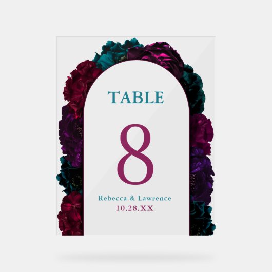 Chique juweeltinten bloemen trouwtafel nummers acryl bord (Voorkant)