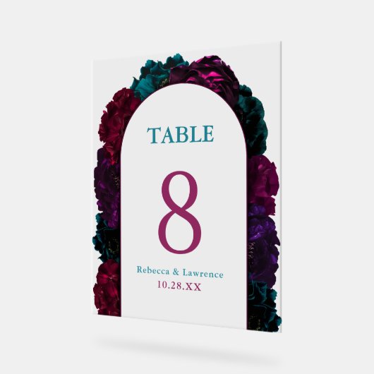 Chique juweeltinten bloemen trouwtafel nummers acryl bord (Hoek)