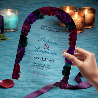 Chique juweeltinten bloemenbordeaux marine trouwbo acryl uitnodigingen