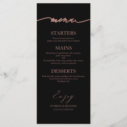 Chique kalligrafie 4x9 bruiloft menu Kaart voor Bo (Voorkant)