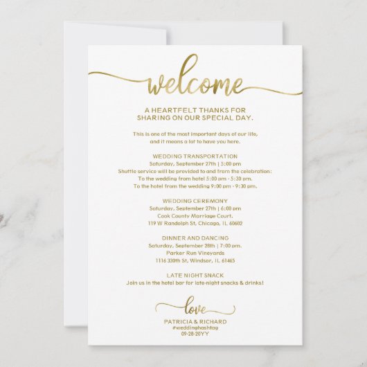 Chique kalligrafie bruiloft reisschema uitnodiging (Voorkant)