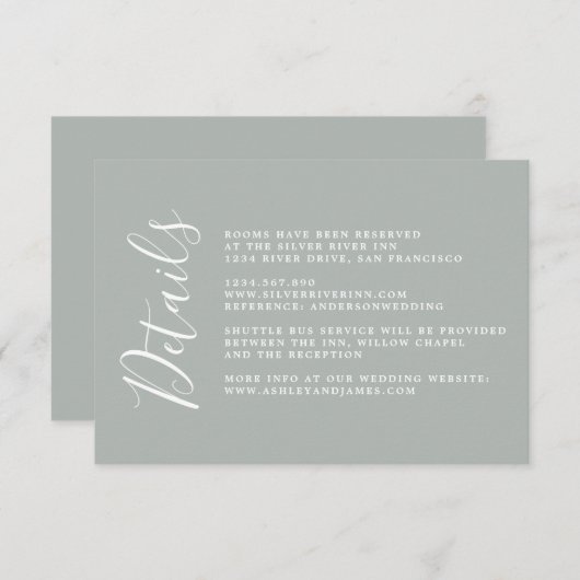 Chique kalligrafie grijs bruiloft details informatiekaartje (Voorkant / Achterkant)