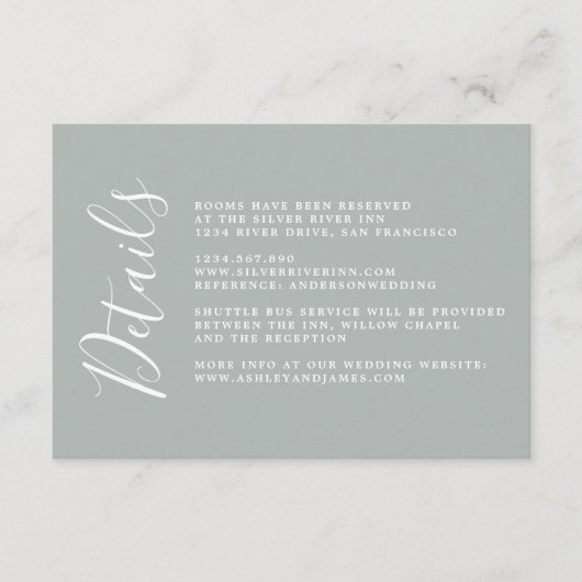 Chique kalligrafie grijs bruiloft details informatiekaartje (Voorkant)