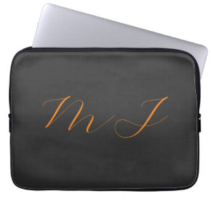 Chique kalligrafie grijs oranje monogram naam init laptop sleeve
