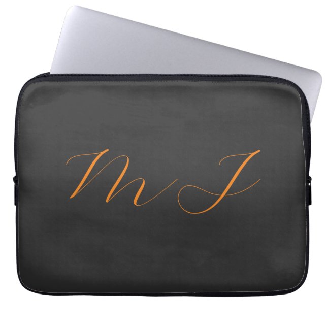 Chique kalligrafie grijs oranje monogram naam init laptop sleeve (Voorkant)