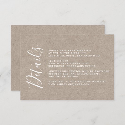 Chique kalligrafie Kraft papier bruiloft details Informatiekaartje (Voorkant / Achterkant)