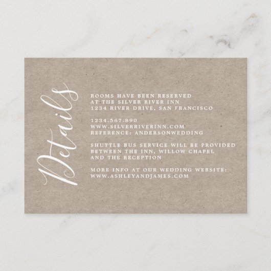 Chique kalligrafie Kraft papier bruiloft details Informatiekaartje (Voorkant)