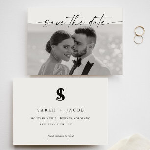 Chique kalligrafie monogram horizontale trouwfoto save the date