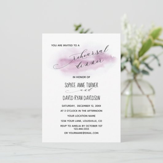 Chique kalligrafie Roze waterverf Rehearsal Dinner Kaart (Staand voorkant)