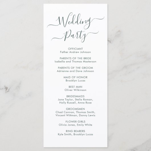 Chique kalligrafie Sage Groene Huwelijksceremonie Programmakaart (Achterkant)