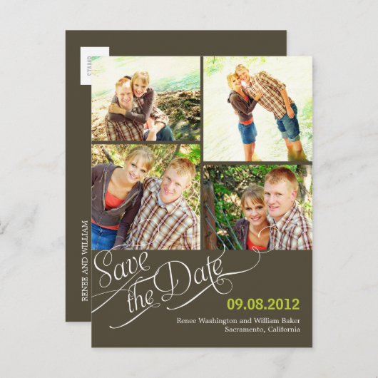 Chique kalligrafie Save The Date Briefkaart - Grij (Voorkant / Achterkant)