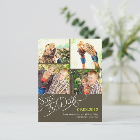 Chique kalligrafie Save The Date Briefkaart - Grij (Staand voorkant)