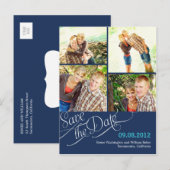 Chique kalligrafie Save the Date Briefkaart - Navy (Voorkant / Achterkant)
