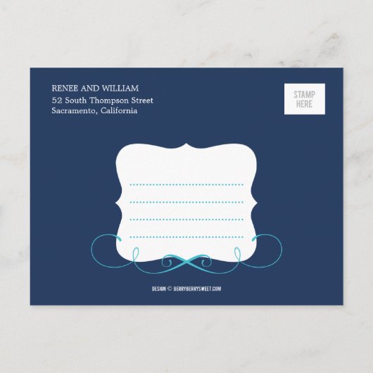 Chique kalligrafie Save the Date Briefkaart - Navy (Achterkant)