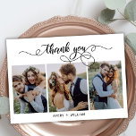 Chique kalligrafie script 3 foto collage bruiloft bedankkaart<br><div class="desc">Elegante moderne kalligrafie chique script foto bruiloft dank u kaart. Stijlvolle bruiloft dank u sjabloon met 3 foto op de voorkant met de tekst "Thank You" in een wervelende grillige hand belettering typografie script swash tail font. 2-zijdige kaart aan de achterkant één (1) foto. Gemakkelijk om jouw naam te personaliseren...</div>