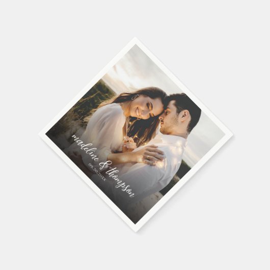 Chique kalligrafie witte overlay tekst foto bruilo servet (Hoek)