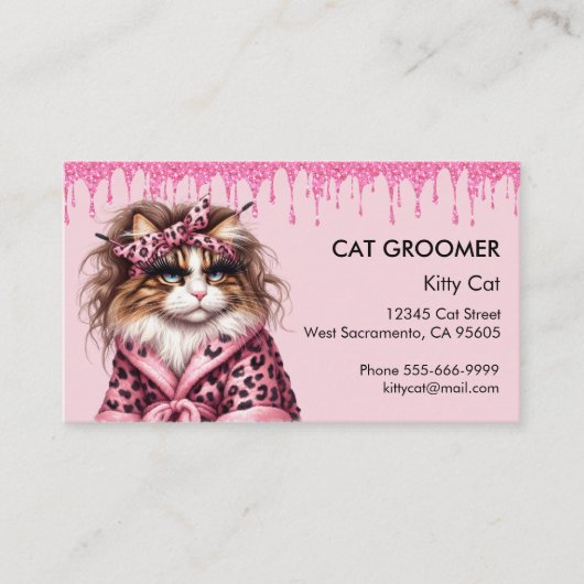 Chique kat groomer sitter roze glitter druppelen visitekaartje (Voorkant)