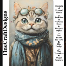 Chique Kat Met Bril, Sjaal, Bloemen AZ7 Decoupage