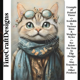 Chique Kat Met Bril, Sjaal, Bloemen AZ7 Decoupage Tissuepapier