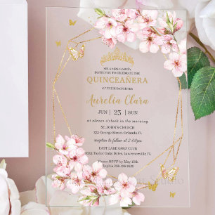Chique Kersenbloesem Bloemige Quinceañera Sweet 16 Acryl Uitnodigingen