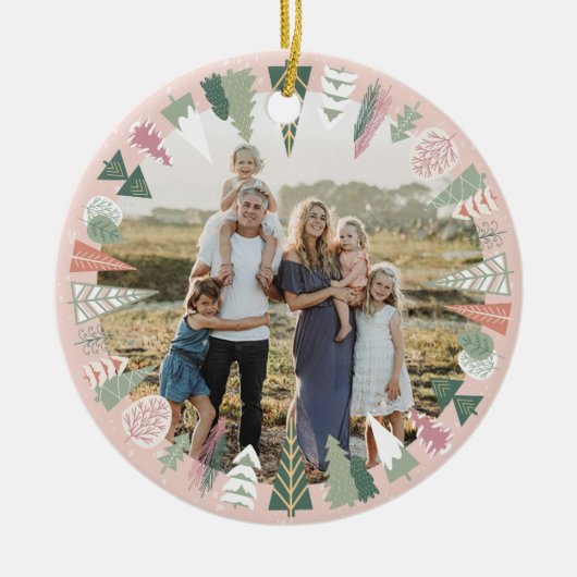  chique kerstbomen familie foto ROZE Keramisch Ornament (Voorkant)