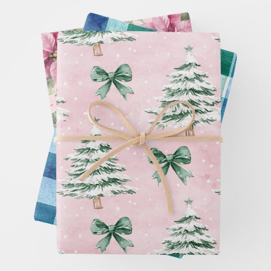 Chique kerstbomen Plaid Roze Bloemen Inpakpapier Vel (In situ)