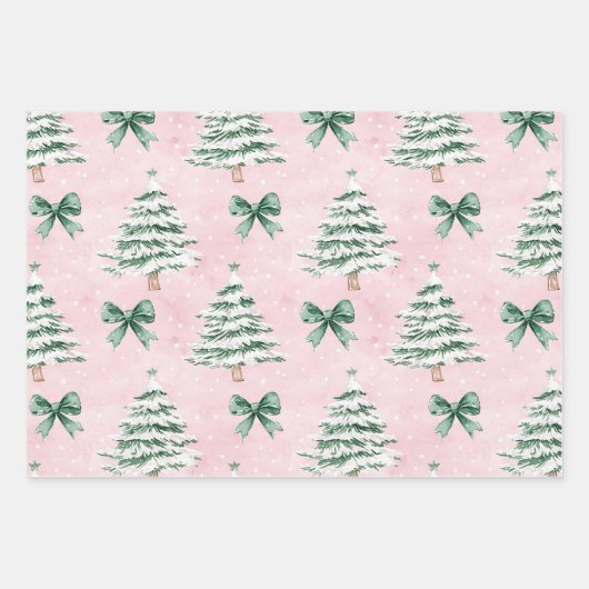 Chique kerstbomen Plaid Roze Bloemen Inpakpapier Vel (Voorkant)