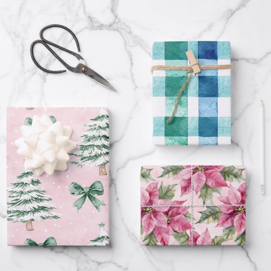 Chique kerstbomen Plaid Roze Bloemen Inpakpapier Vel (Voorkant)