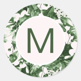 Chique Kerstmis Groene Holly Print Monogram Ronde Sticker