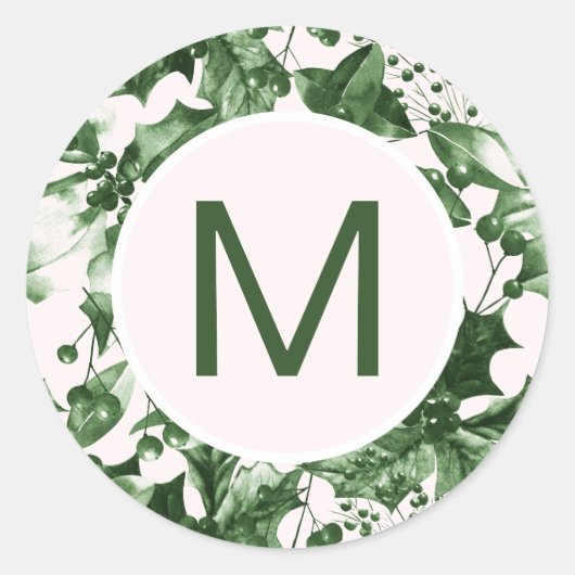 Chique Kerstmis Groene Holly Print Monogram Ronde Sticker (Voorkant)