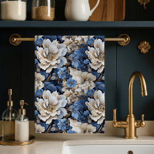Chique Klassiek Blauw Wit Ivoor Bloem Keukendoek Theedoek