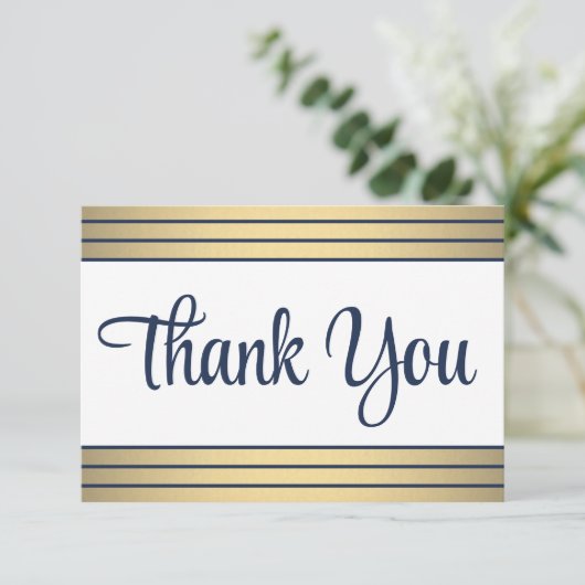 Chique klassieke marine blauw goud strepen elegant bedankkaart (Staand voorkant)
