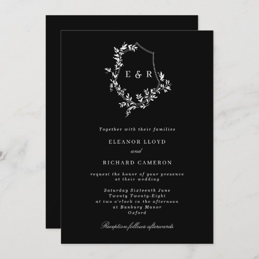 Chique klassieke zwart blad kuif monogram bruiloft kaart (Voorkant / Achterkant)