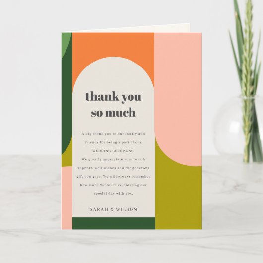 Chique Kleurrijk Helder Groovy Retro Boog Huwelijk Bedankkaart (Voorkant)